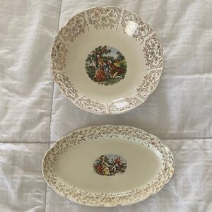 Citro Vintage-Inspired Cream and Brown Decorative Serving Bowl and Platter Set